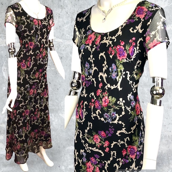 Vintage 90s Beaded Sequined Semi Sheer Floral Maxi Dress New Old Stock with Tag - Picture 3 of 5